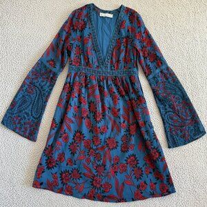 Abercrombie & Fitch Dress Womens Small Blue Red Floral Boho Bell Sleeve Lined